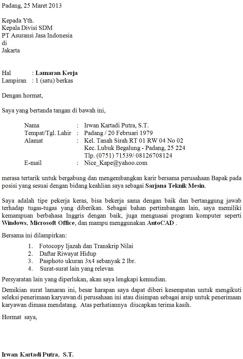 Surat Lamaran    Kerja Bahasa Indonesia