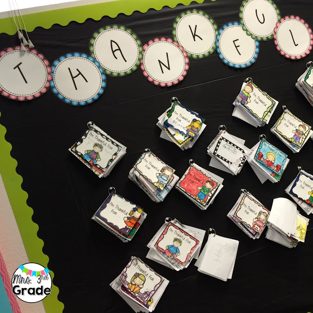 Our thankful board is one of my favorite parts of my room!  I love to see how it evolves and changes over the year as they reflect WEEKLY on what they are thankful for.