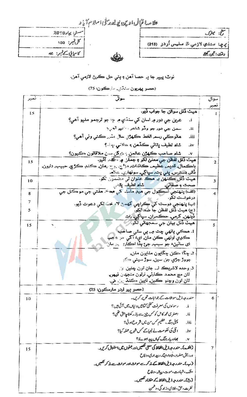 Sindhi code 213 aiou Matric Spring 2019