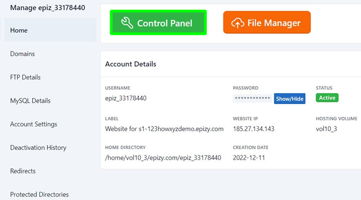 accessing web host account database manager