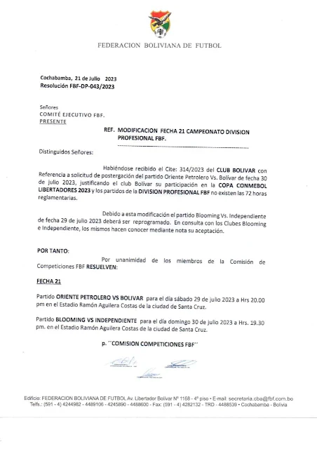 MODIFICACIÓN FECHA 21 CAMPEONATO DE LA DIVISIÓN PROFESIONAL FBF.