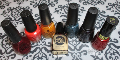 Nicole by OPI 'Boys 'N Berry', OPI 'Atomic Orange', China Glaze 'Accent Piece', Sally Hansen 'Liquid Gold', China Glaze 'Baroqe Jungle', China Glaze 'Aut-umm I Need That', Revlon 'Frankly Scarlet'