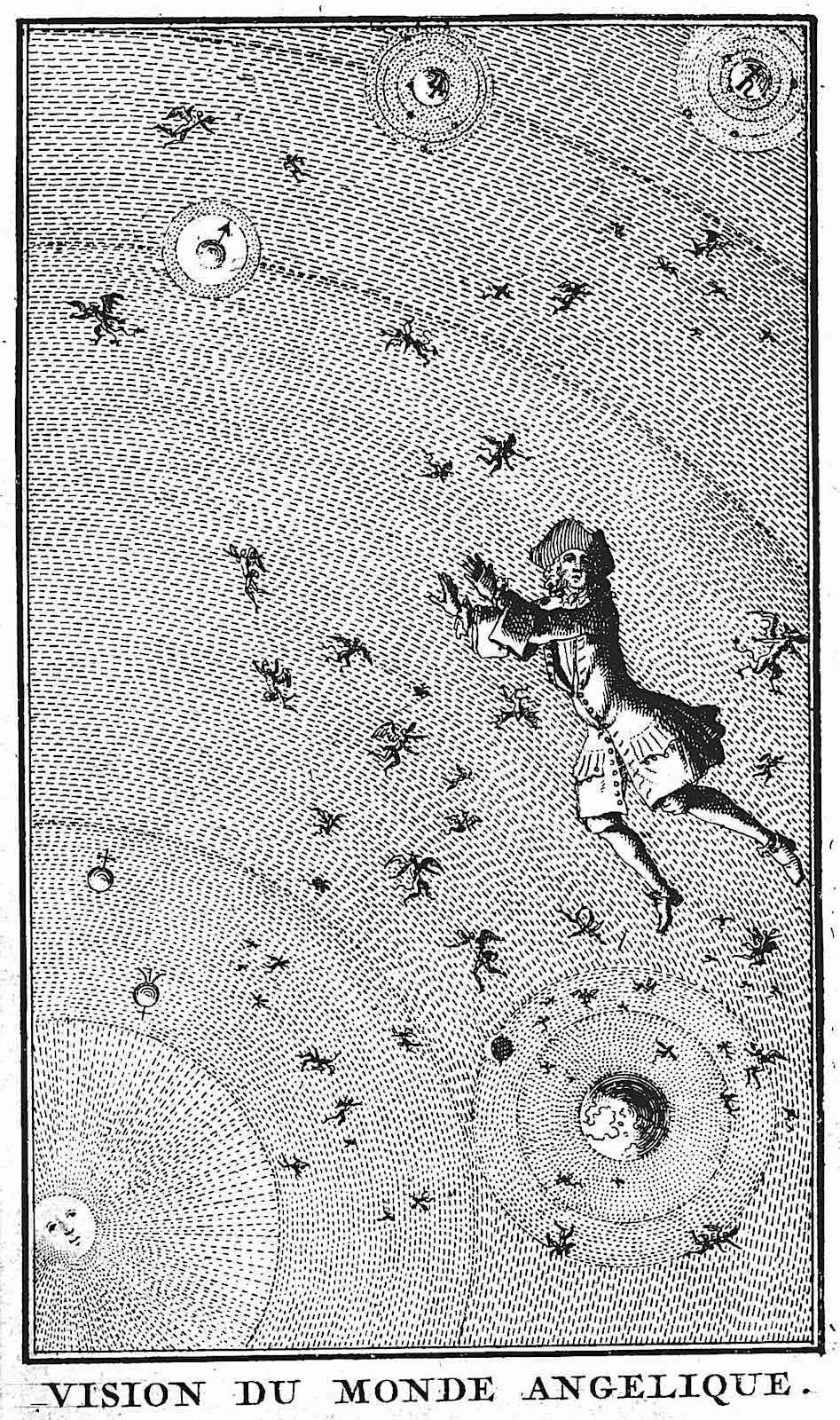 a Bernard Picart 1721 illustration of a man in space, vision du monde Angelique