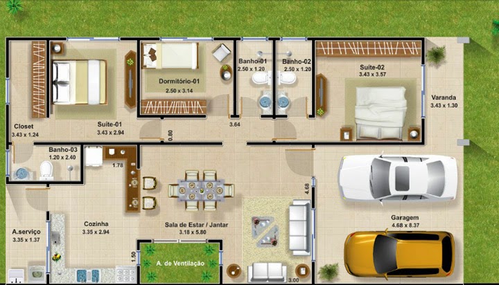 Planta de Casa Modelo de Casa Térrea com 3 Quartos  - plantas de casas pequenas com 3 quartos e garagem