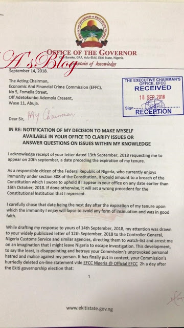 Meet Me In My Office September 20 - Gov. Fayose Writes EFCC Again (Full Letter)