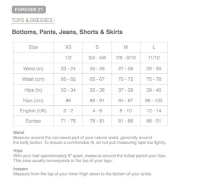 Forever 21 Jeans Size Chart