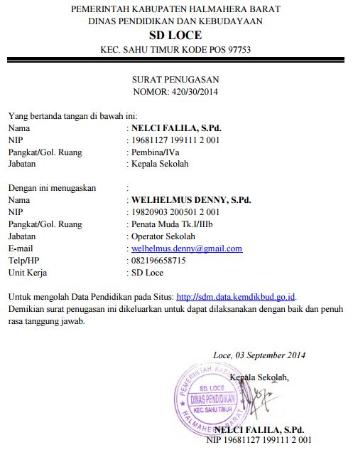 Contoh Surat Tugas Operator Sekolah Kelola Website SD