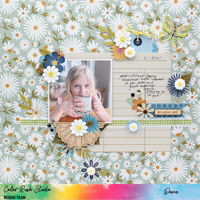 Daisy inspired Spring scrapbook layout created with the Pink Paislee Joyful Notes collection and wood and resin embellishments from Color Rush Studio.