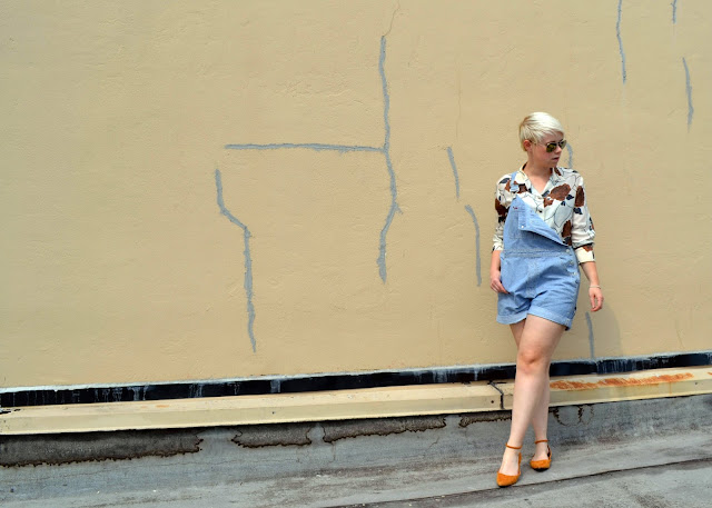 pattern mixing, overall shorts, summer, fashion, seattle, blonde, pixie cut