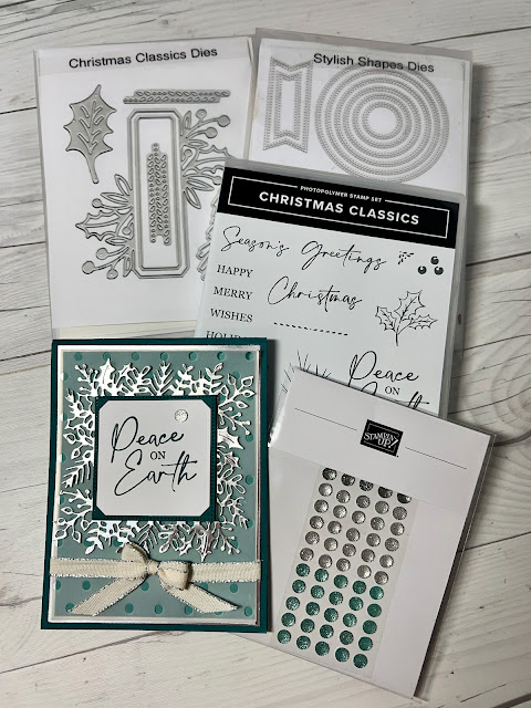 Stamp Sets and Dies from the Stampin' Up! Joy of Christmas Suite's Christmas Classics Bundle used to create Christmas Card