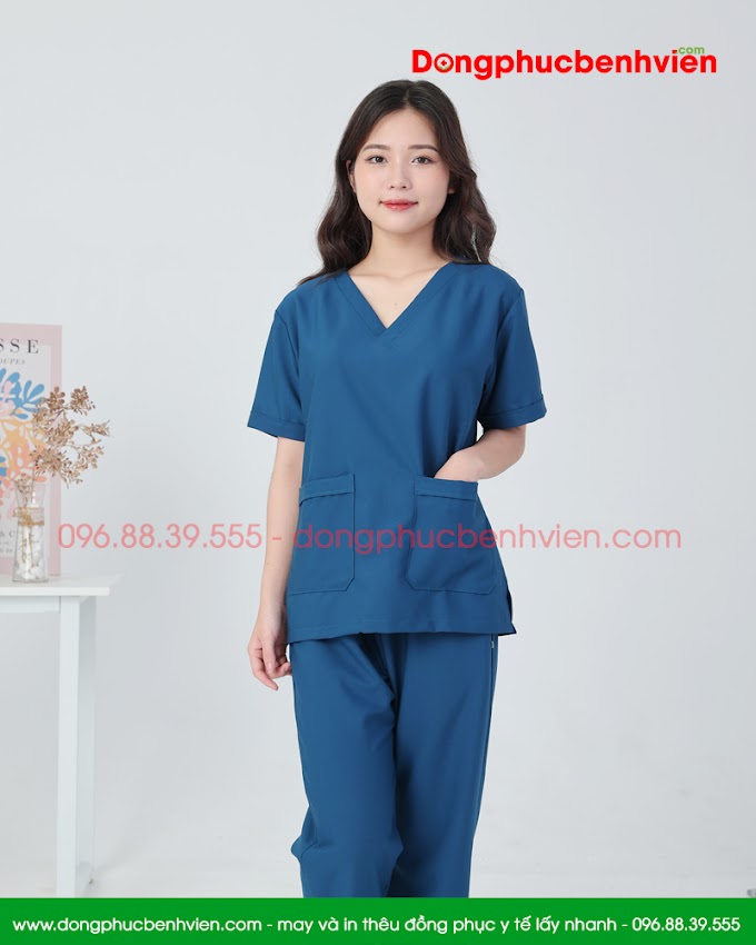 Bộ scrubs cổ tim nữ màu xanh sẫm cao cấp