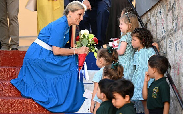The Countess of Wessex wore a new supersoft cotton poplin tiered maxi dress by ME + EM, and a classic silk tea dress by Suzannah