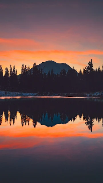 Reflection, Mountains, Sunset, Sky, Trees