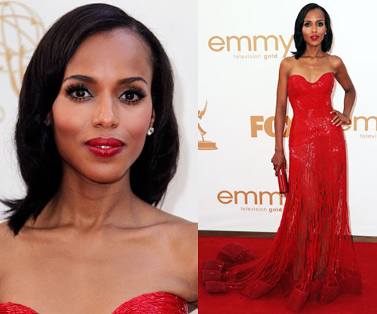 Kerry Washington in a semisheer strapless red sequined gown by Zuhair 