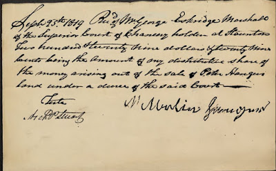 Martin Hanger's Receipt Augusta Co. VA Chancery Cause 1819-0003