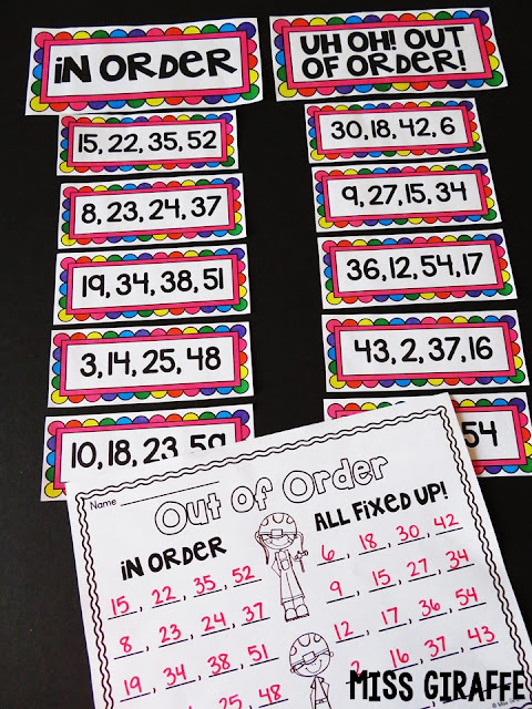 Putting numbers in order math center where kids sort sets of numbers by whether or not they are in order then fixing the ones that aren't! Such a fun first grade math center activity