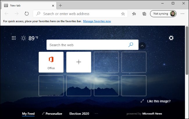 صفحة علامة تبويب جديدة في متصفح Microsoft Edge الجديد.