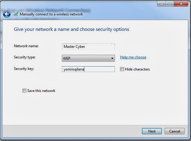 Netwok name : Nama Wifi yang akan kita buat. Security Type : WEP. Security Key : password untuk login mengakses wifi. Kemudian klik Next.