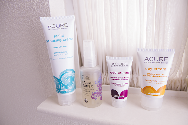 Photo of Acure cleanser, toner, eye cream, and day cream.