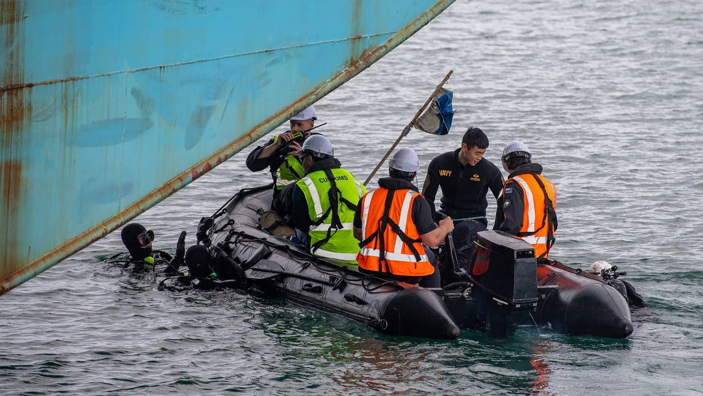 Thợ lặn của Hải quân Hoàng gia New Zealand hỗ trợ nhân viên Hải quan New Zealand tìm ma túy bên thân tàu ở Cảng Tauranga vào tháng 9