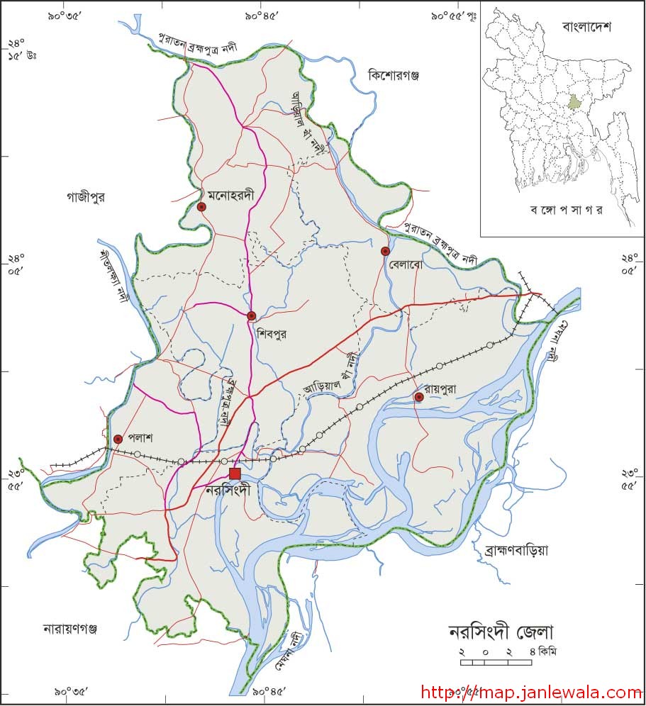 নরসিংদী জেলা মানচিত্র, ঢাকা বিভাগ, বাংলাদেশ