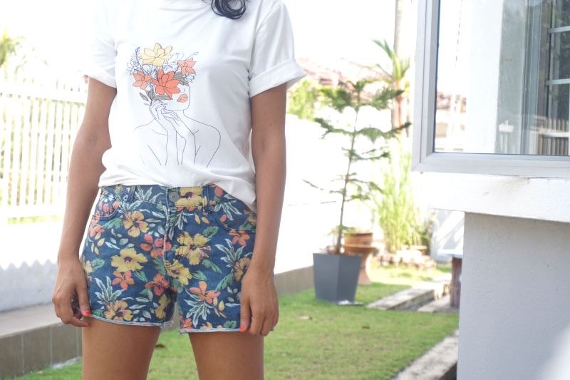 Double Flora ~ 90s floral denim shorts + floral print tee