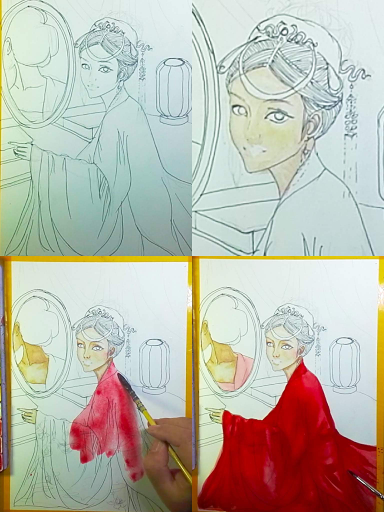 How to draw a red dress wedding girl with Watercolor step by step tutorial