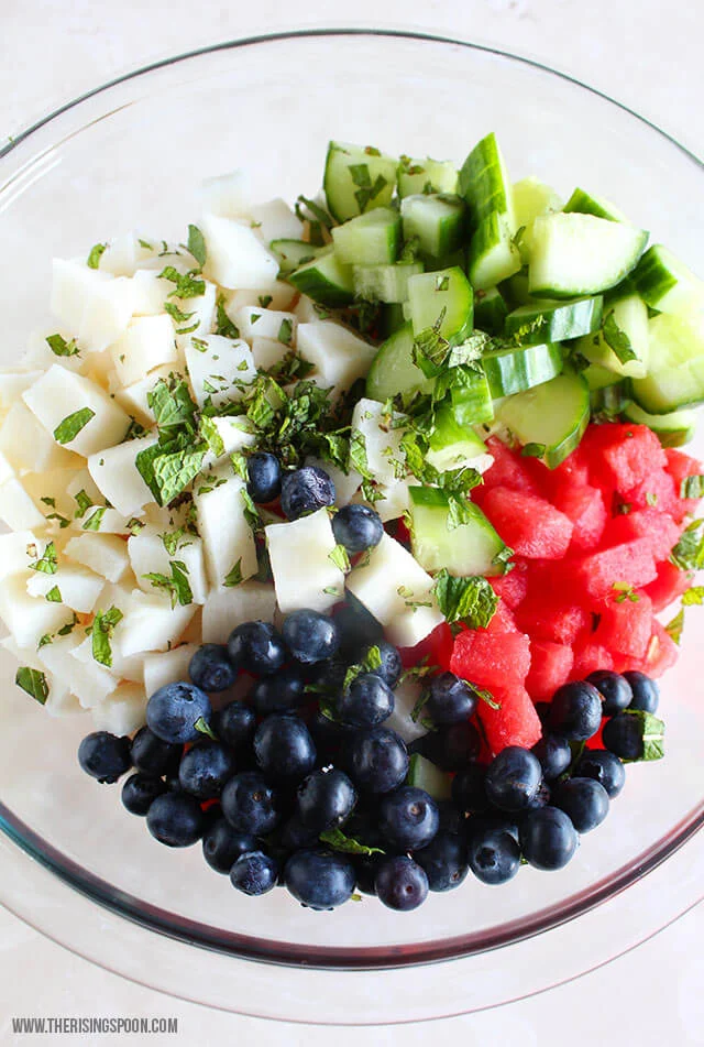 Watermelon Salad with Cucumber, Jicama, Blueberries & a Coconut Lime Dressing