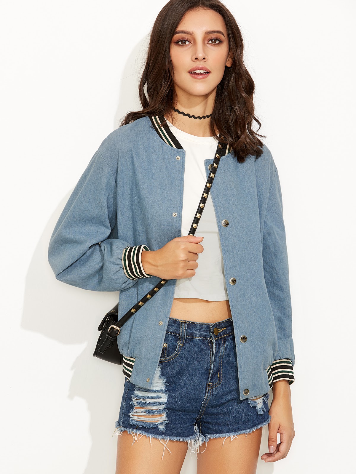  Blue Ribbed Varsity Stripe Trim Chambray Bomber Jacket