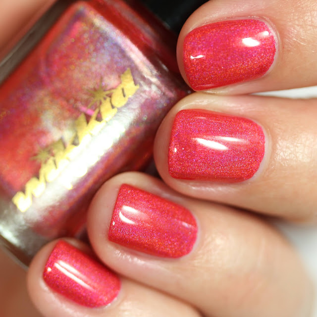red coral nail polish with holographic finish