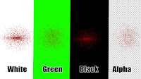 A 4 way split screen showing blood mist effects on a white, green, black & checkered backgrounds.