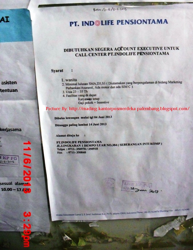 Info Loker Di Mading Kantor POS Merdeka Palembang ...