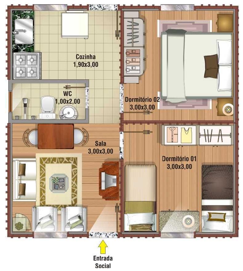 Casa Pequena com 2 Quartos Plantas de Casas - modelos de plantas de casas pequenas