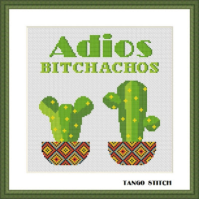 Adios bitchachos funny cactus ornament quote cross stitch pattern