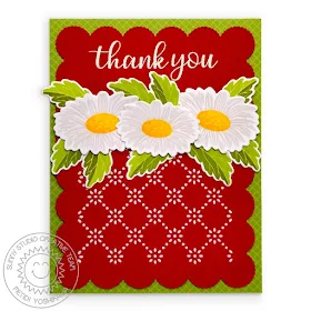 Sunny Studio Blog: Layered Daisy Red, White & Green Scalloped Thank You Card (using Cheerful Daisy & Everyday Greetings Stamps, Frilly Frames Eyelet Lace Dies & Gingham Jewel Tones Paper)