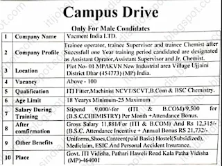 ITI, B. Com, B. SC Jobs Vacancy Campus Placement Interview For Vacment India Ltd. At Govt ITI  Vidisha, Madhya Pradesh