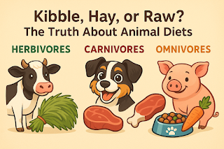 Colorful cartoon illustration of various farm and domestic animals happily eating different types of food including kibble, hay, fish, and vegetables