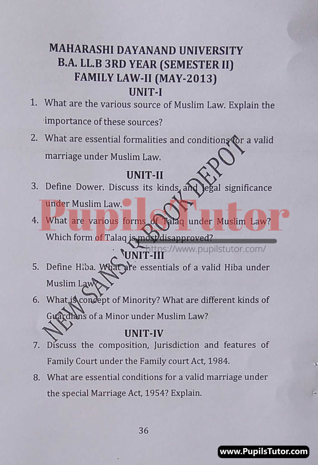 MDU (Maharshi Dayanand University, Rohtak Haryana) LLB Regular Exam (Hons.) Second Semester Previous Year Family Law - II Question Paper For May, 2013 Exam (Question Paper Page 1) - pupilstutor.com
