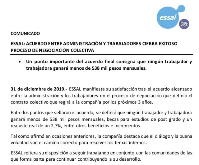 ESSAL:  sueldo mínimo de $538 mil pesos