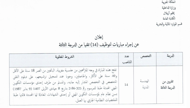 مباراة توظيف 14 تقني من الدرجة الثالثة بعمالة إقليم أزيلال