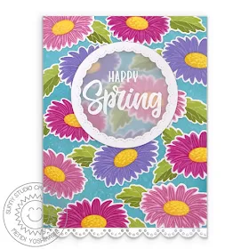 Sunny Studio Blog: Colorful Daisy Flower Hello Spring Card with Flower Background (using Cheerful Daisies Stamps, Fancy Frames Circle & Eyelet Lace Border Dies)