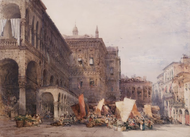 Artwork, XIX century art, watercolours, "Town hall and market place, Padua, early morning" by William Callow, 1879.