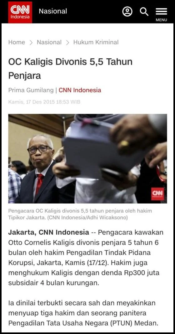 tahun karena menyuap HAKIM Pengadilan Tata Usaha Negara  Buset! Ada pengacara yang pernah divonis 5,5 tahun karena menyuap HAKIM, sekarang jadi Tim Hukum 02 di MK