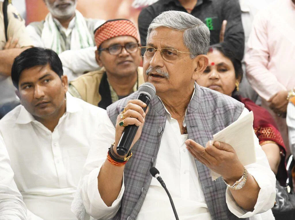 Janata Dal United National President Rajiv Ranjan alias Lalan Singh addressing a press conference at JDU office on February 20, 2023 in Patna, India.