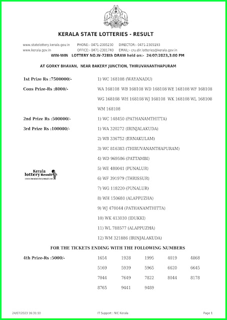 Off. Kerala Lottery Result; 24.07.2023 Win Win Lottery Results Today "W 728"