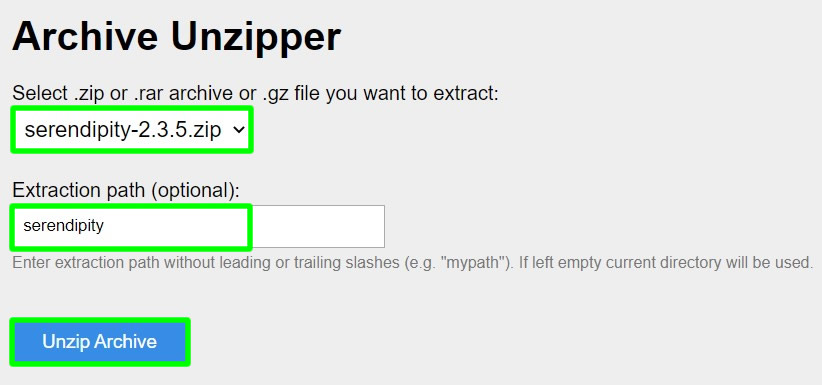 extracting cms zip file using unzipper.php