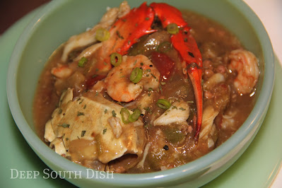 A bowl of Deep South goodness, this gumbo is seasoned with small crab bodies and then topped off with crabmeat and shrimp.