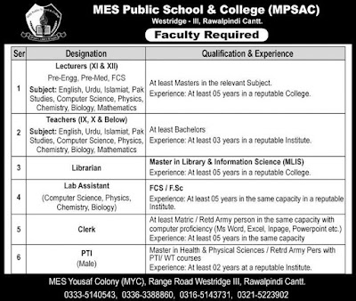 MES Public School And College Jobs 2019 