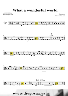 Partitura Fácil de What a Wonderful World para viola e instrumentos en clave de Do en tercera línea Easy sheet music What a wonderful for Viola by Louis Armstrong Music Score 