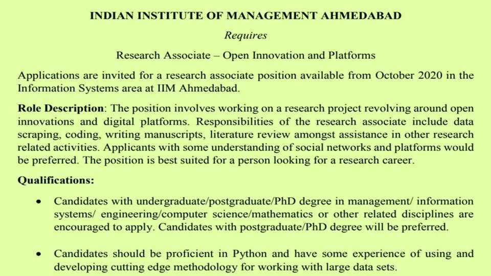 IIM Ahmedabad Research Associate Recruitment Notification 2020